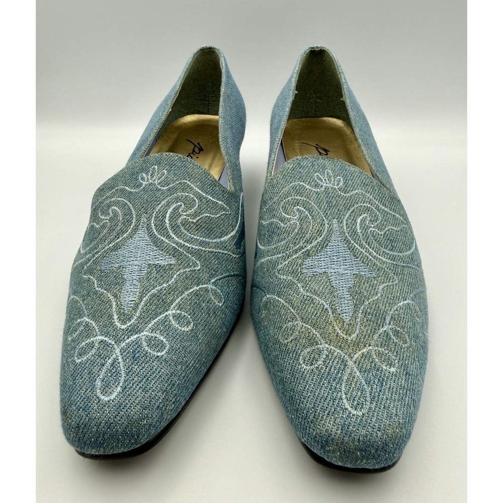 Piatto Women's 8B Denim Embroidered Pointed Toe Flats Slip‎ On Boho Western NEW
